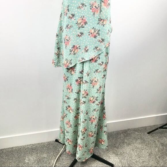 AoBaBa Mint and Rose Floral Silk Blend 2 Piece Halter Top Pantsuit Set - Picture 3 of 16